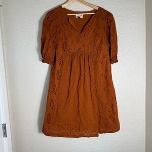 Universal Thread Rust Orange Eyelet Mini Dress Size L 100% Cotton Casual Boho
